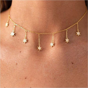 925 Silver CZ Star Dangle Choker Necklace