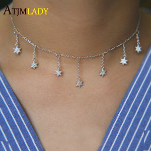 925 Silver CZ Star Dangle Choker Necklace