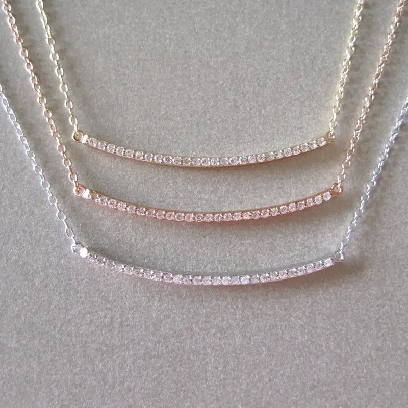 925 Silver Micro Pave CZ Curved Bar Necklace