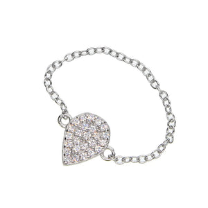 925 Silver Mini CZ Tear Drop Charm Chain Finger Ring