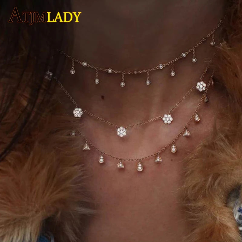 925 Sterling Silver Minimal CZ Flower Choker Necklace