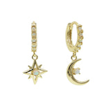 925 Silver Moon Star Charm Hoop Earring Opal Stone Jewelry