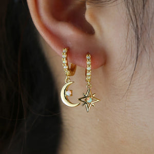 925 Silver Moon Star Charm Hoop Earring Opal Stone Jewelry