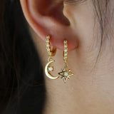 925 Silver Moon Star Charm Hoop Earring Opal Stone Jewelry