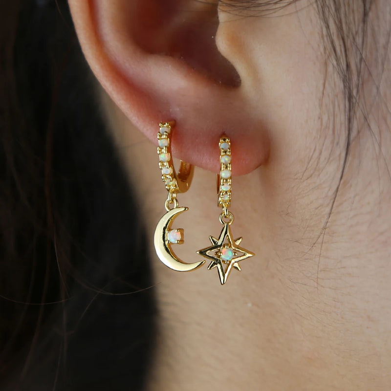 925 Silver Moon Star Earring with Fire Opal Stone Women Jewelry