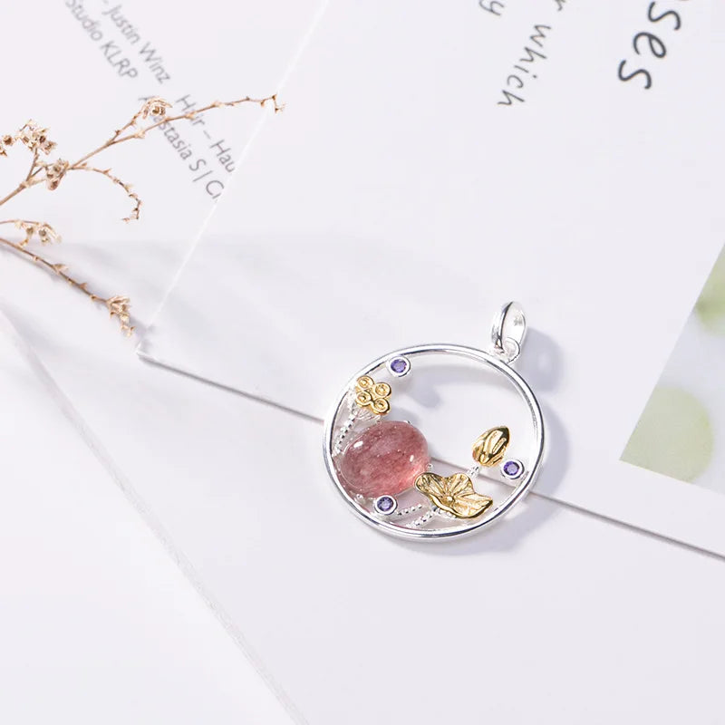 925 Silver Strawberry Quartz Crystal Charm Pendant Necklace