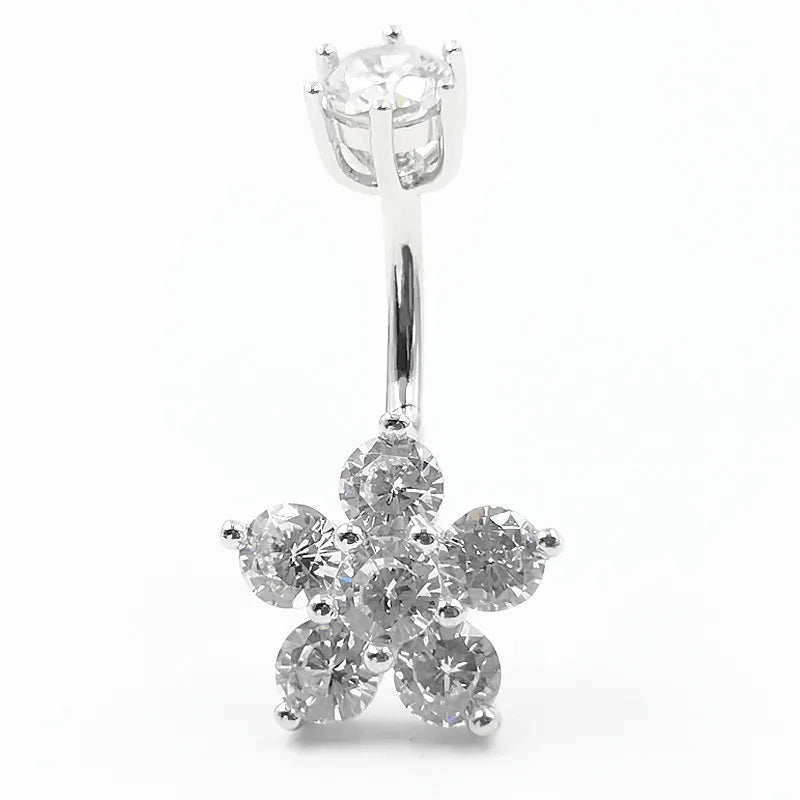 925 Silver Navel Piercing Ring Flower CZ Bell Button Ring Jewelry