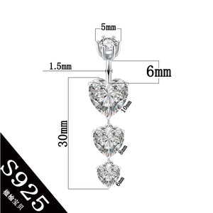 925 Silver Heart Navel Ring Dangle Body Jewelry 6 8 10mm Pin Length