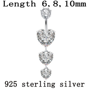 925 Silver Heart Navel Ring Dangle Body Jewelry 6 8 10mm Pin Length