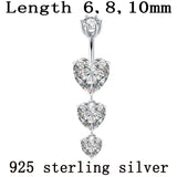925 Silver Heart Navel Ring Dangle Body Jewelry 6 8 10mm Pin Length