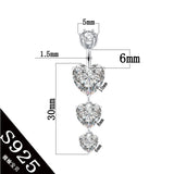 925 Silver Heart Navel Ring Dangle Body Jewelry 6 8 10mm Pin Length