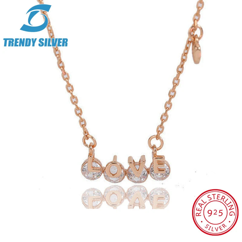 925 Silver Necklace Chain Women CZ Pave Pendant Rose Plated Jewelry