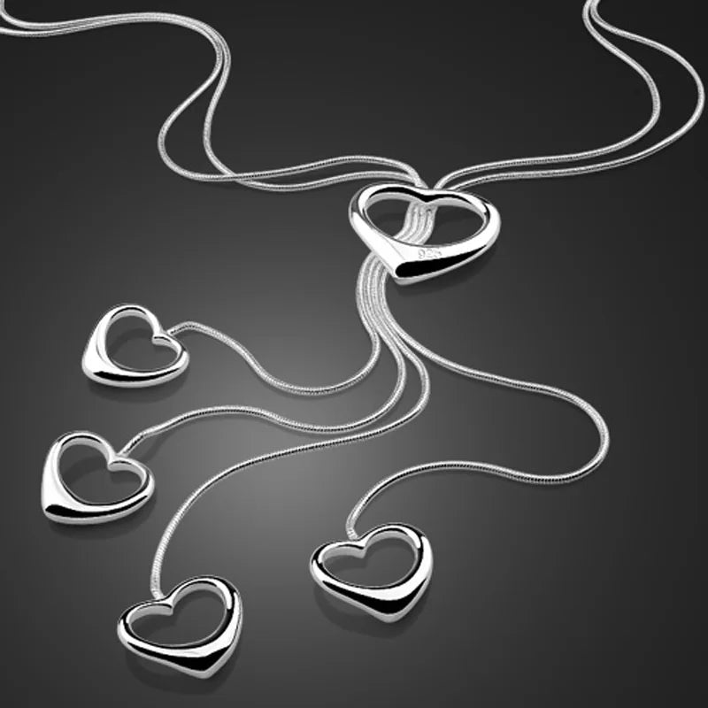925 Silver Necklace Heart Tassel Pendant Girls Bijoux