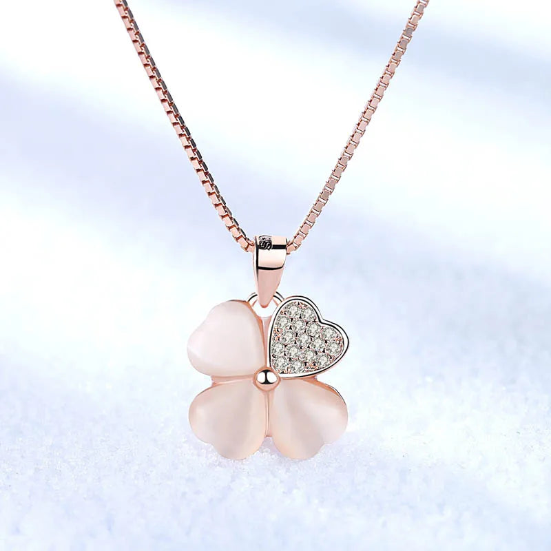 925 Silver Pink Crystal Zircon Flower Leaf Pendant Necklace