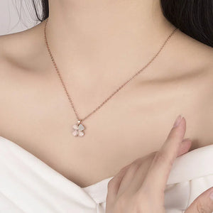 925 Silver Pink Crystal Zircon Flower Leaf Pendant Necklace