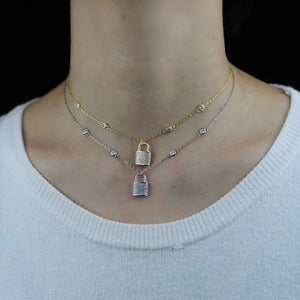 925 Silver CZ Padlock Pendant Necklace Bling Charm Station Chain
