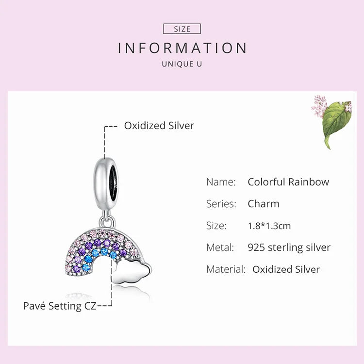 925 Silver Rainbow Pendant Zircon Charm Beads for Jewelry Making