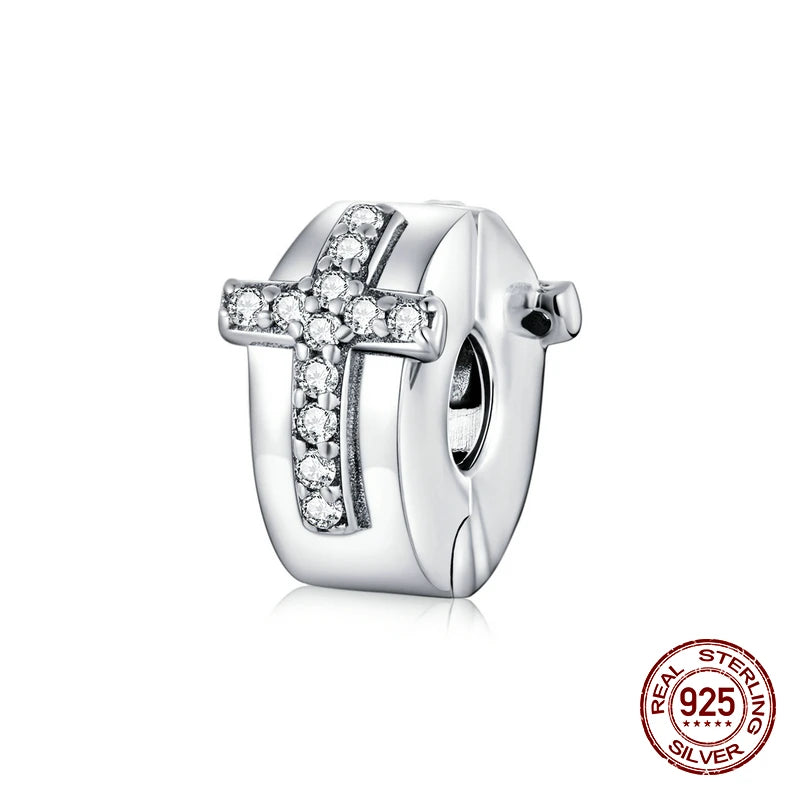 925 Sterling Silver Zircon Cross Beads Fixed Buckle Charm for Bangle Bracelet