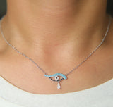 925 Silver Pear Drop CZ Evil Eye Charm Necklace