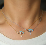 925 Silver Pear Drop CZ Evil Eye Charm Necklace