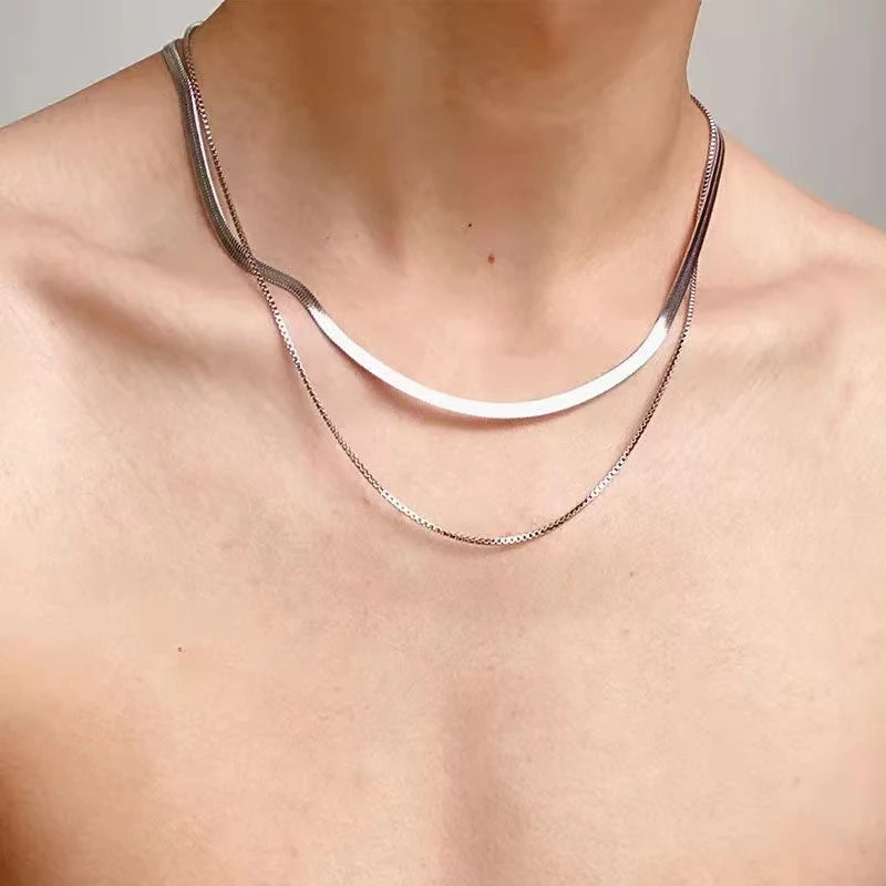 925 Sterling Silver 2pcs Chain Necklace Set Snake Jewelry Men Women