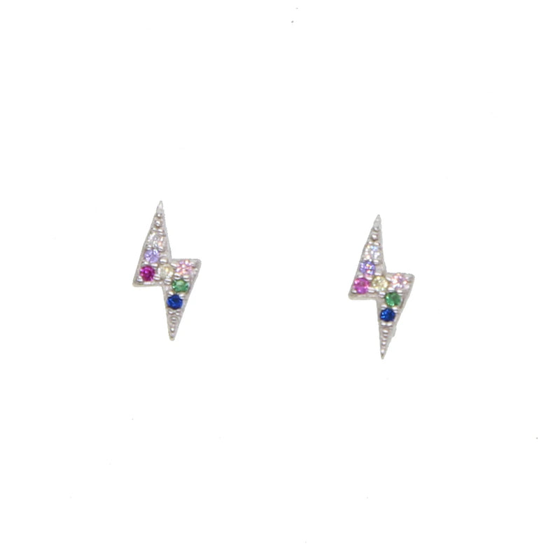 925 Silver Rainbow CZ Stud Earring, Flash Lightning Mini Delicate Second Stud