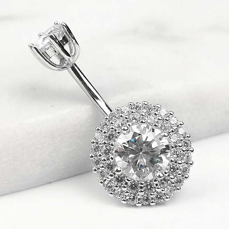 925 Silver Round CZ Belly Button Ring Navel Piercing Body Jewelry