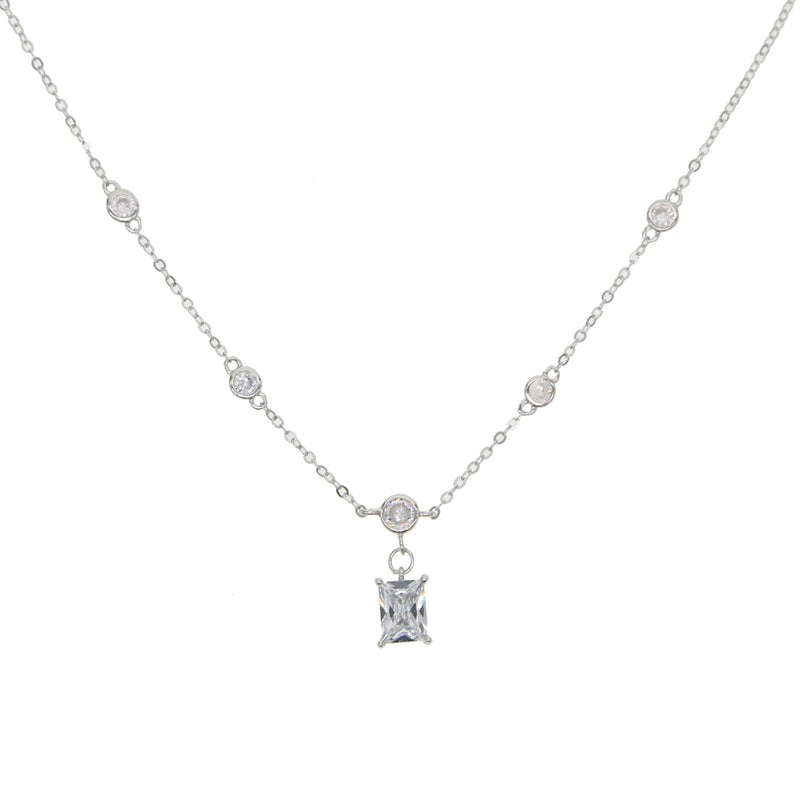 925 Silver Round CZ Station Chain Necklace with Single Stone Charm