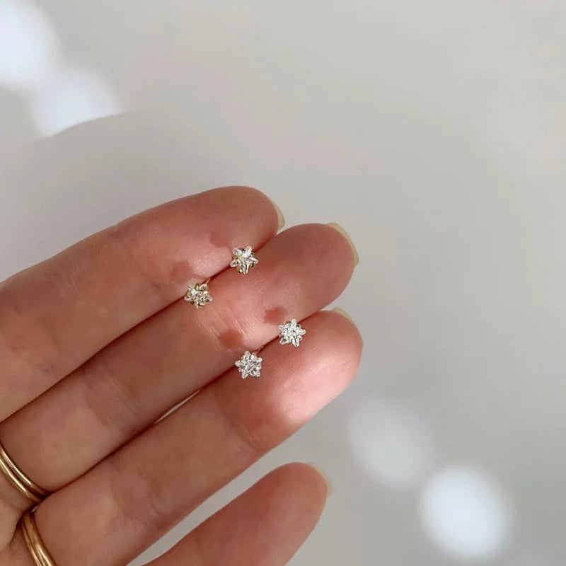 925 Silver Cz Star Stud Earrings Dainty Ear Bones
