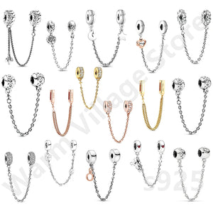 925 Silver Flower Safety Chain Bead Charm for Bracelet DIY