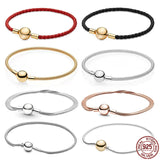 925 Sterling Silver Round Buckle Leather Bracelet for Charms
