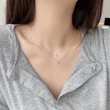 925 Sterling Silver Sparkling Flash Pearl Cross Necklace