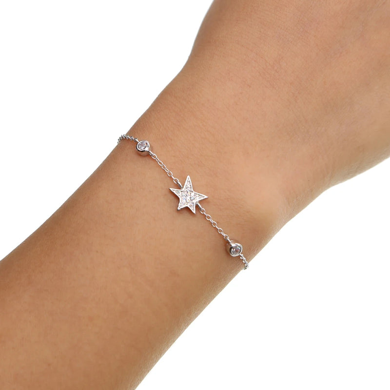 925 Sterling Silver Teen Girl Chain CZ Star Charm Bracelet