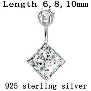 925 Silver Women Belly Button Ring Square Zircon Big Stone