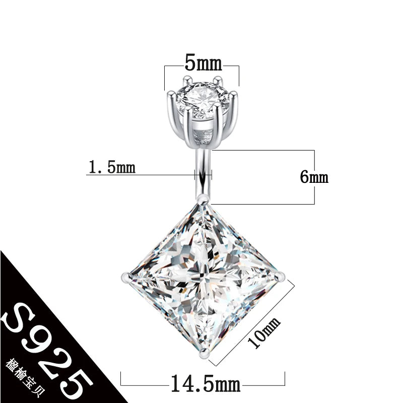 925 Silver Women Belly Button Ring Square Zircon Big Stone