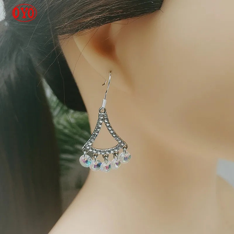 Long Fan-Shaped Crystal Earrings