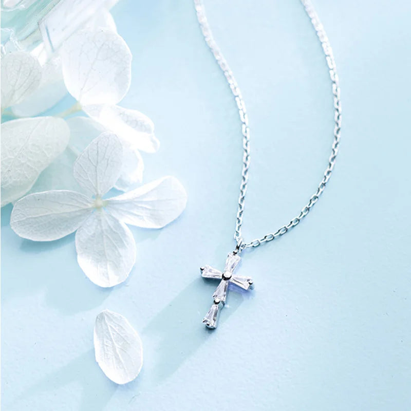 925Silver Diamond Cross Pendant Personality Ladies Necklace Jewelry Gift