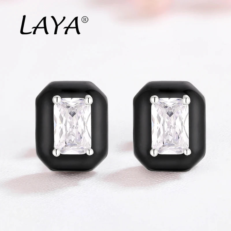 925 Silver Crystal Enamel Stud Earrings Women's Party Jewelry