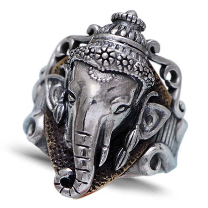 925 Sterling Silver Elephant Head God Men's Wide-Faced Ring
