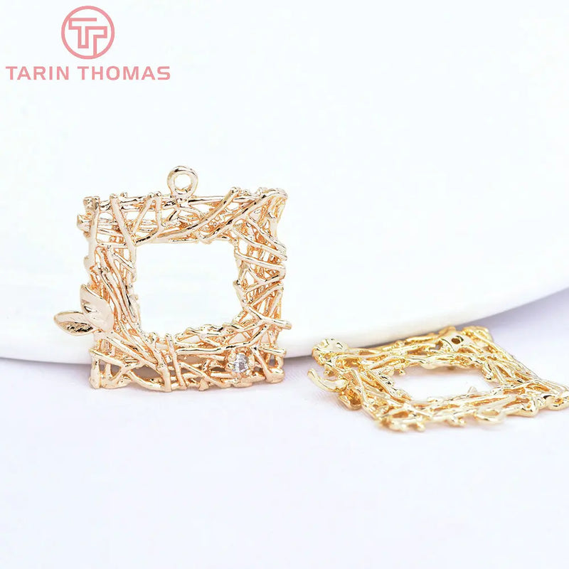 6PCS 22x22MM 24K Champagne Brass Square Leaves Branches Charms Pendants
