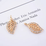 4PCS 14x7MM Brass Zircon Leaf Charm Pendants DIY Jewelry Findings