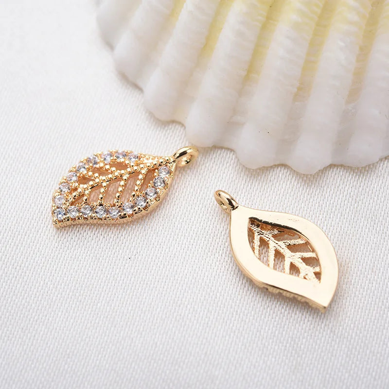 4PCS 14x7MM Brass Zircon Leaf Charm Pendants DIY Jewelry Findings