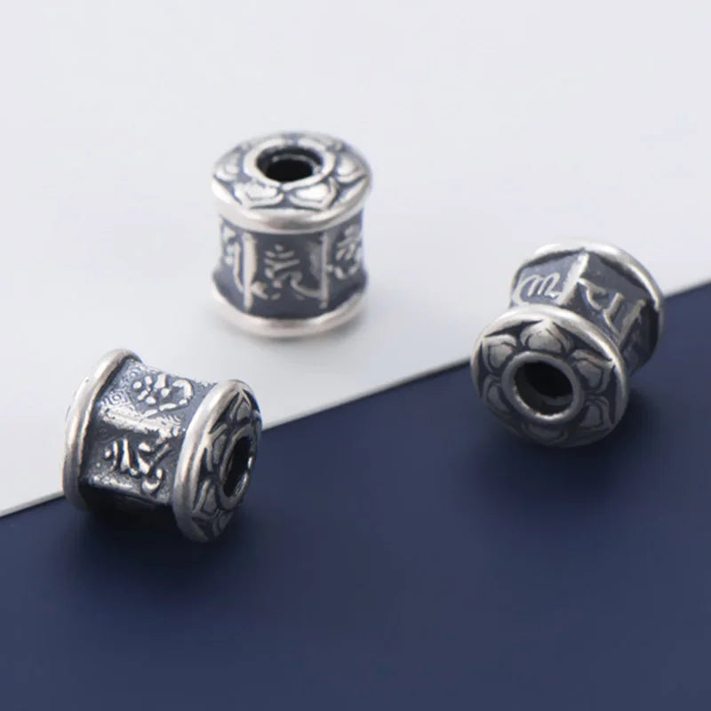 Vintage Distressed Silver Buddhism Mantras Barrel Beads