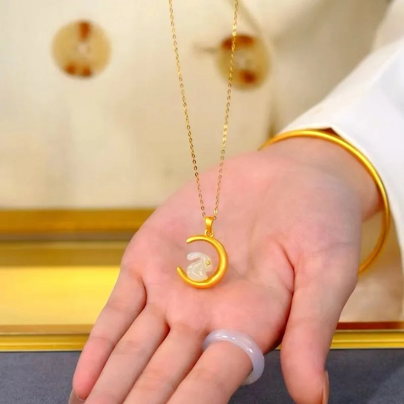 Jade Rabbit Pendant Necklace for Women Men Chain Wedding Fine Jewelry