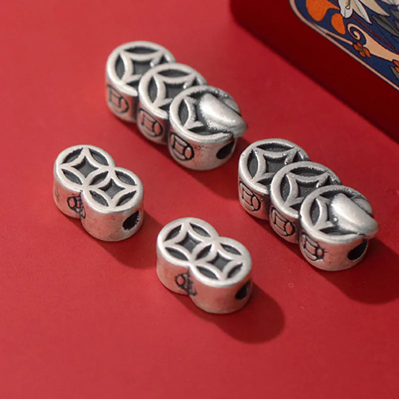 999 Pure Silver Vintage Chinese Coin Tube Loose Beads S999 Silver 3D Craftwork