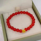 Real 24K Yellow 3D Rose Flower Bracelet with Red Agate Beads for Women