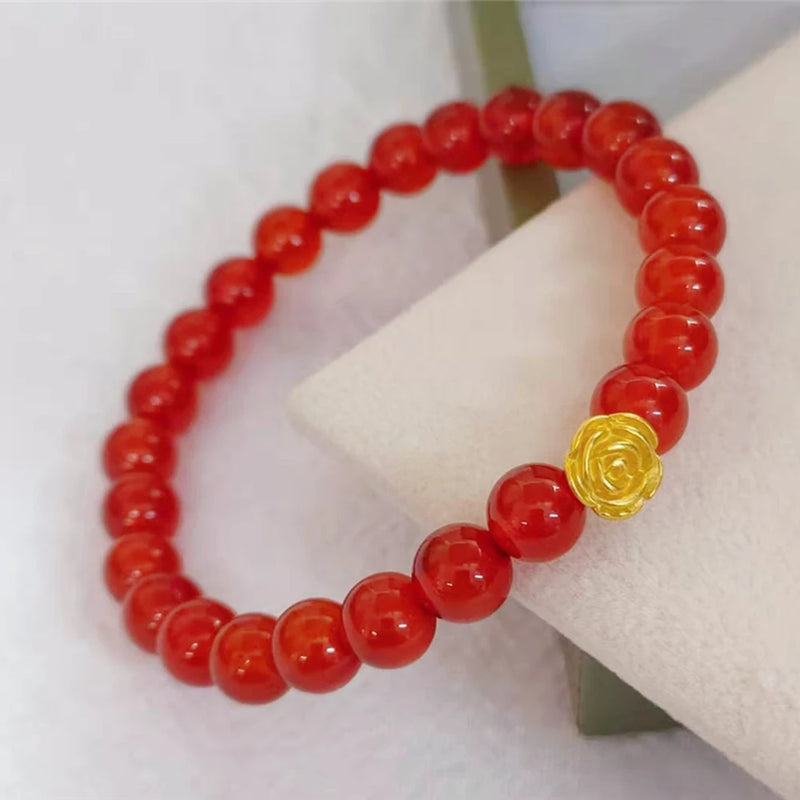 Real 24K Yellow 3D Rose Flower Bracelet with Red Agate Beads for Women