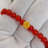 Real 24K Yellow 3D Rose Flower Bracelet with Red Agate Beads for Women