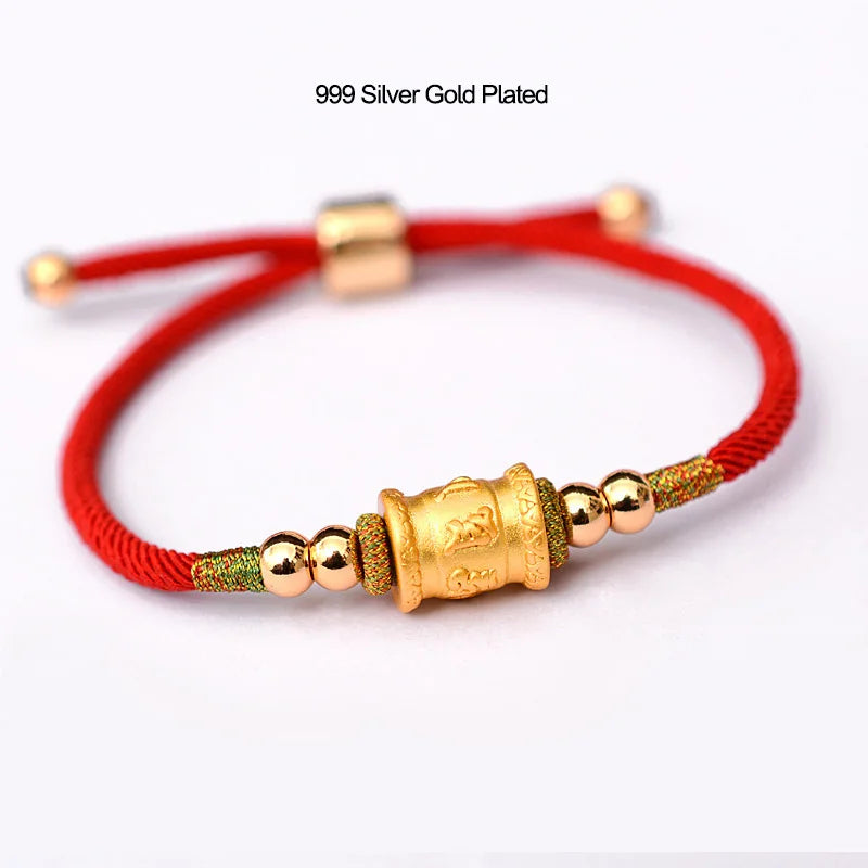 999 Silver Six Words OM Charm Bracelet Red Rope Buddhist Jewelry