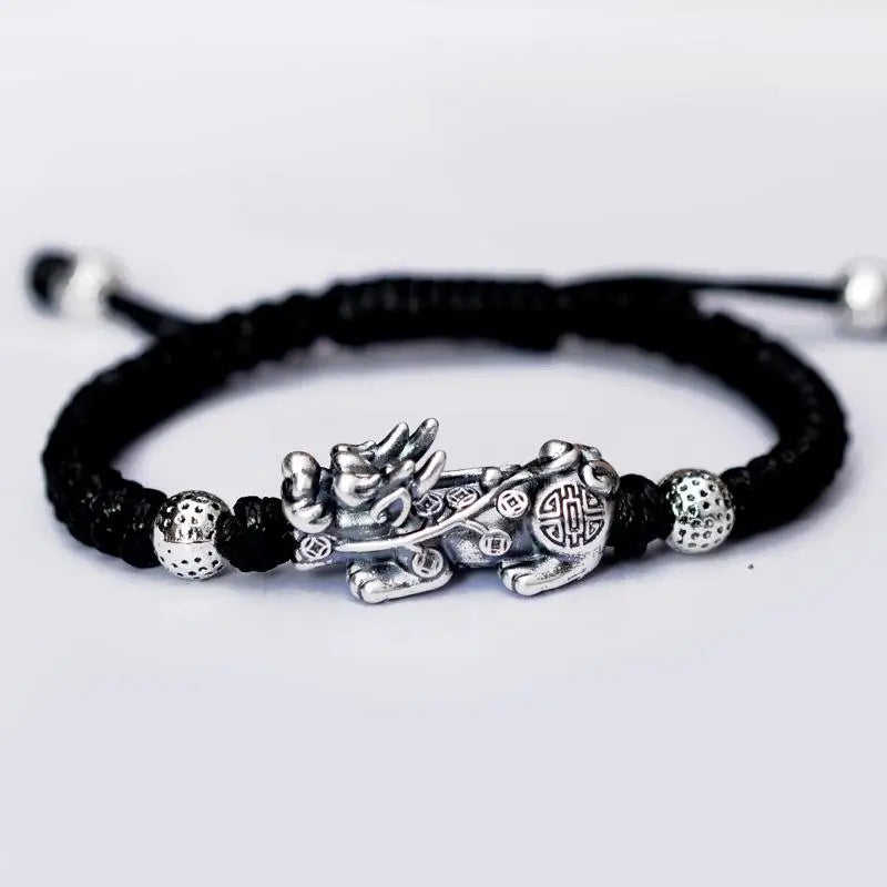 Sterling Silver 3D Brave Troops Bracelets for Men Hand Woven Lucky Red Rope
